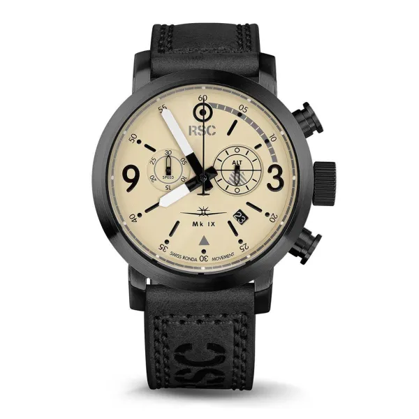 RSC Spitfire Mk IX Pilot Watch - Black Leather Strap - 45mm Dial